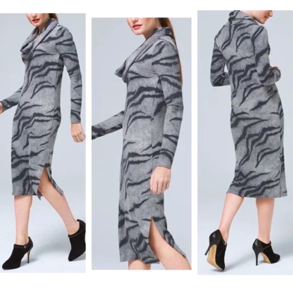 White House Black Market | gray tiger print cozy cowl neck sweater dress | Large